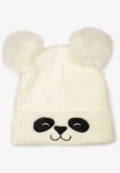 Biała Prążkowana Czapka z Misiem i Dwoma Pomponami Shenoy