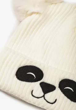 Biała Prążkowana Czapka z Misiem i Dwoma Pomponami Shenoy