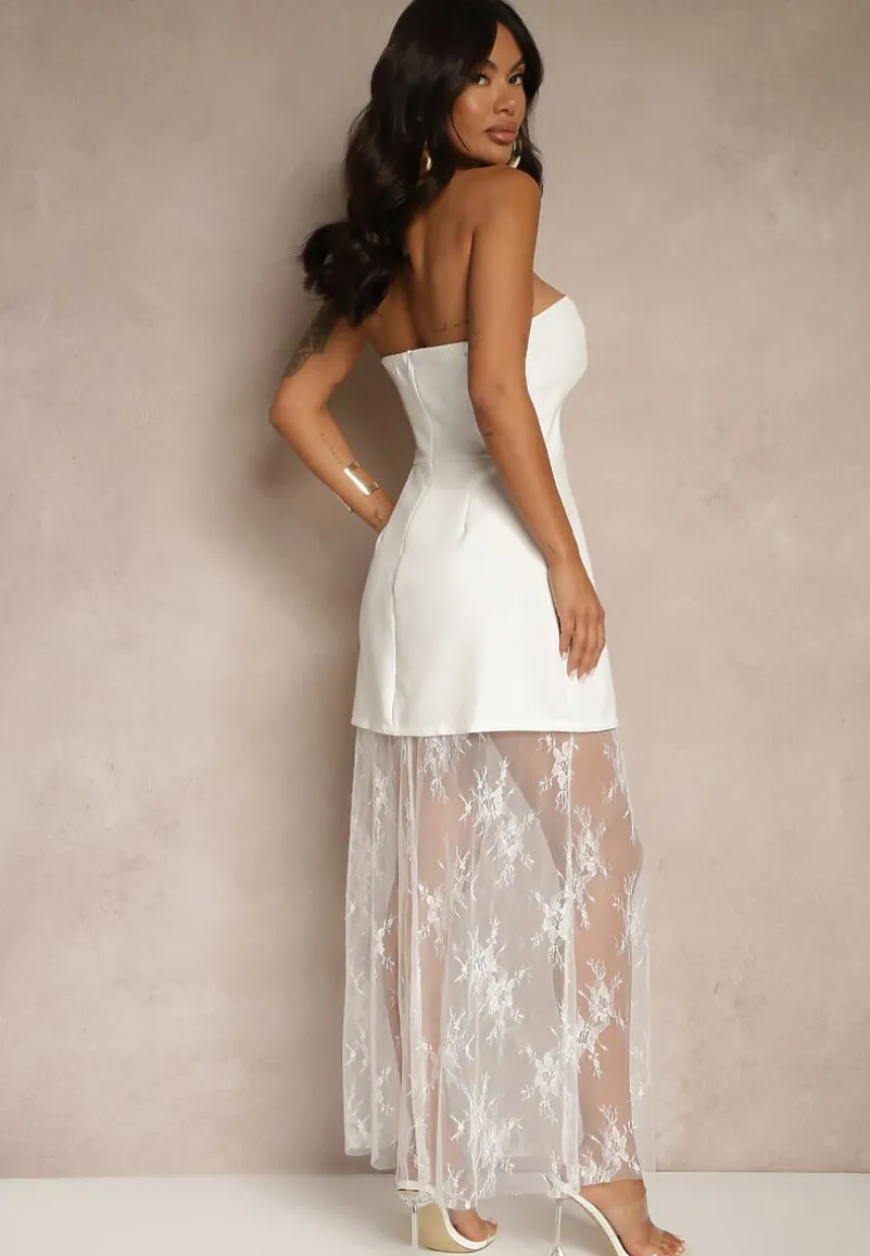 Biała Rozkloszowana Sukienka Bez Rękawów Zdobiona Koronkową Podszewką Filesse