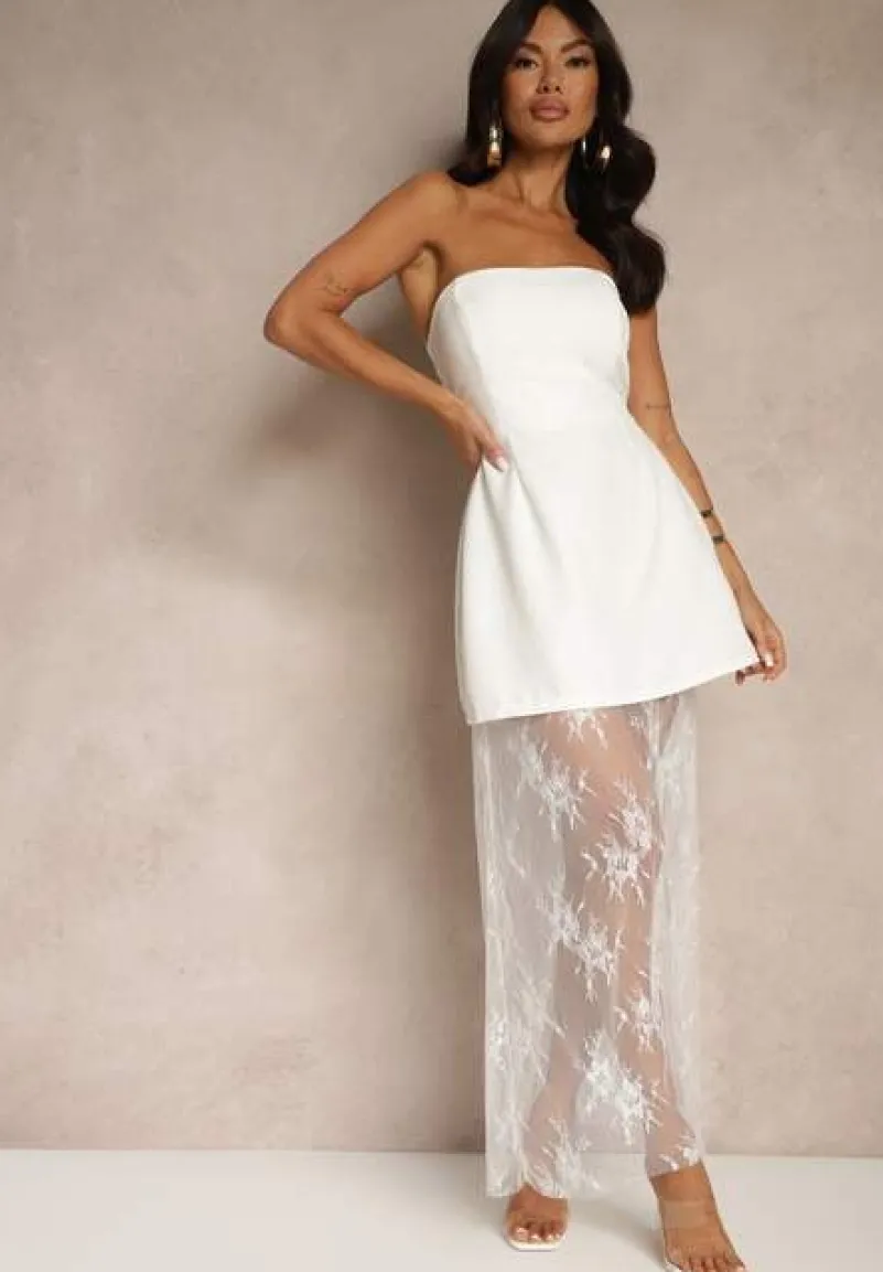 Biała Rozkloszowana Sukienka Bez Rękawów Zdobiona Koronkową Podszewką Filesse