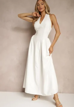 Biała Rozkloszowana Sukienka Halter z Wiązaniem i Odkrytymi Plecami Senicce