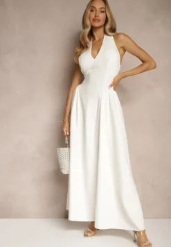 Biała Rozkloszowana Sukienka Halter z Wiązaniem i Odkrytymi Plecami Senicce