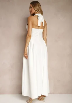 Biała Rozkloszowana Sukienka Halter z Wiązaniem i Odkrytymi Plecami Senicce