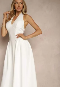 Biała Rozkloszowana Sukienka Halter z Wiązaniem i Odkrytymi Plecami Senicce