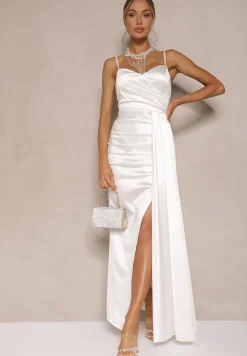 Biała Sukienka Satynowa z Marszczeniem i Ozdobnym Trenem Katiriva