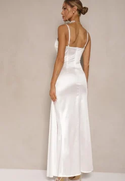 Biała Sukienka Satynowa z Marszczeniem i Ozdobnym Trenem Katiriva
