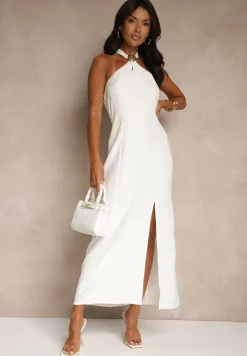 Biała Sukienka z Wiskozą z Dekoltem Halter i Ozdobną Broszką Naliannae