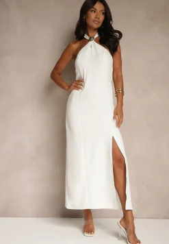 Biała Sukienka z Wiskozą z Dekoltem Halter i Ozdobną Broszką Naliannae