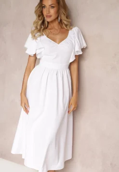 Biała Taliowana Sukienka Maxi z Falbanami Giftis