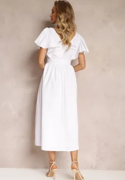 Biała Taliowana Sukienka Maxi z Falbanami Giftis