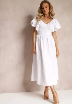 Biała Taliowana Sukienka Maxi z Falbanami Giftis