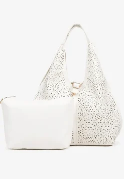 Biała Torebka Hobo Zdobiona Ażurową Perforacją z Dodatkową Saszetką Frolana
