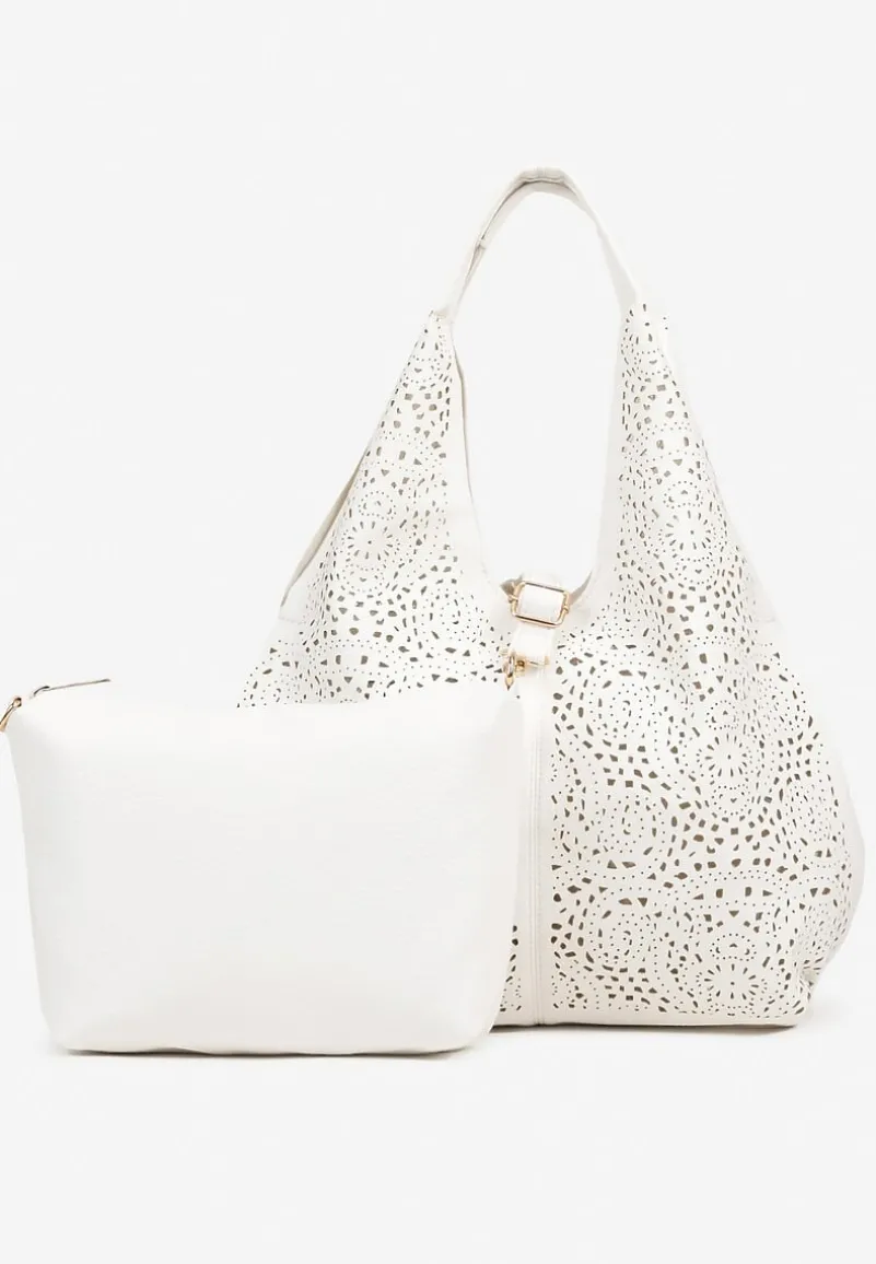 Biała Torebka Hobo Zdobiona Ażurową Perforacją z Dodatkową Saszetką Frolana