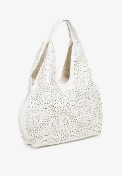 Biała Torebka Hobo Zdobiona Ażurową Perforacją z Dodatkową Saszetką Frolana