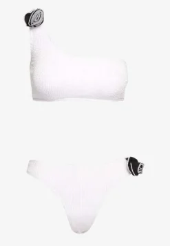 Białe Bikini 2-Częściowe Asymetryczny Stanik i Majtki z Aplikacjami Kwiatu Namsilea