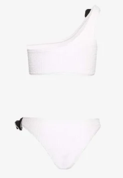Białe Bikini 2-Częściowe Asymetryczny Stanik i Majtki z Aplikacjami Kwiatu Namsilea