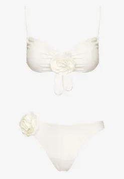 Białe Bikini z Wiązaną Górą Ozdobione Kwiatowymi Aplikacjami Rivashan