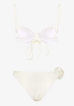 Białe Bikini z Wiązaną Górą Ozdobione Kwiatowymi Aplikacjami Rivashan
