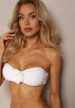 Białe 3-Częściowe Bikini Stanik i Majtki z Aplikacjami Kwiatów Pareo z Siateczki Irisel