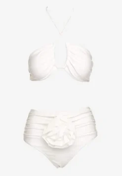 Białe 2-Częściowe Bikini Stanik Zapinany przy Szyi z Wiązaniem Figi z Wysokim Stanem Nanselian