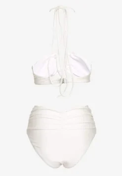 Białe 2-Częściowe Bikini Stanik Zapinany przy Szyi z Wiązaniem Figi z Wysokim Stanem Nanselian