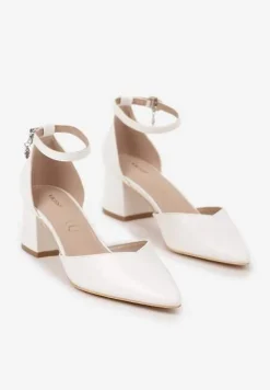 Białe Czółenka Vices na Słupku ze Skórzaną Wkładką i Ozdobą przy Pasku Lilria