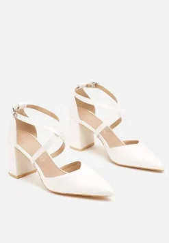 Białe Czółenka Vices na Słupku ze Skórzaną Wkładką Ozdobione Paskami Learelia