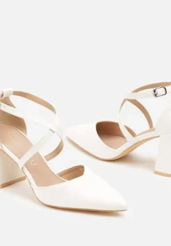 Białe Czółenka Vices na Słupku ze Skórzaną Wkładką Ozdobione Paskami Learelia