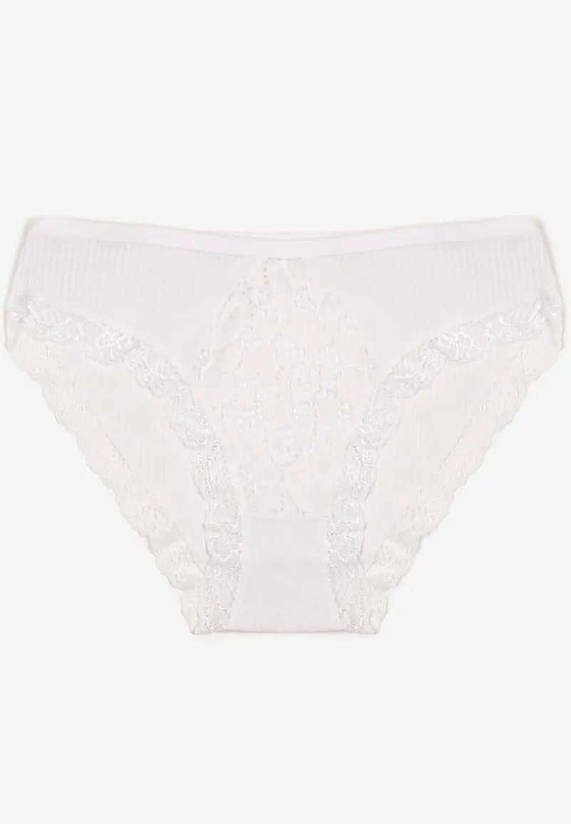 Białe Koronkowe Majtki Figi z Bawełny z Gumką w Pasie Amivia