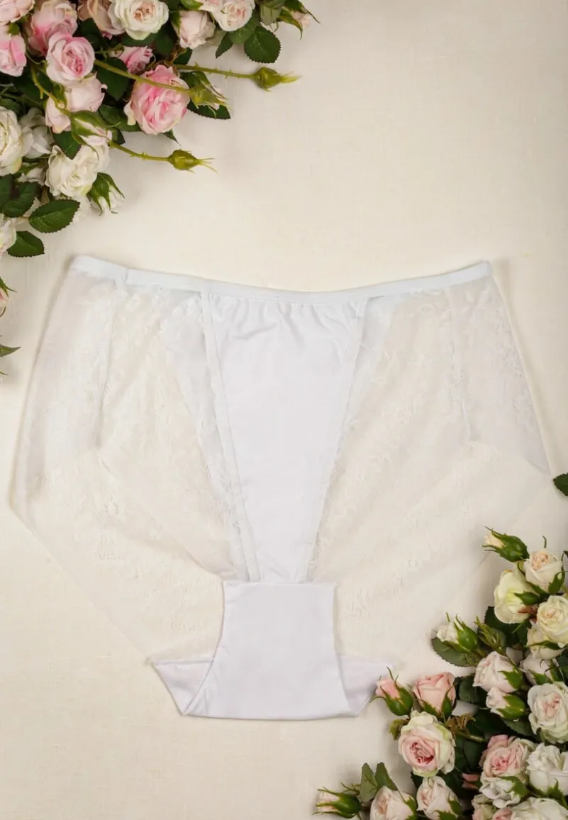 Białe Majtki High Waist z Delikatną Koronką Fasade