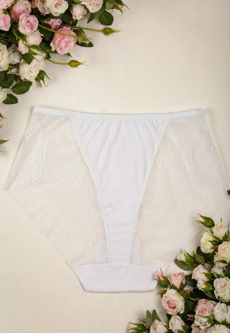 Białe Majtki High Waist z Delikatną Koronką Fasade