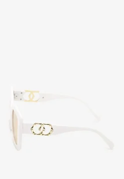 Białe Przeciwsłoneczne Okulary o Kwadratowym Kształcie z Ozdobnymi Nausznikami Emmanitte