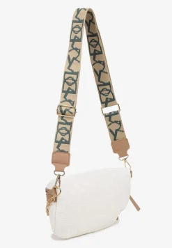 Biało-Beżowa Nerka z Ozdobnym Napisem Tłoczeniem i Łańcuszkiem Lioquella