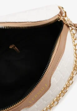 Biało-Beżowa Nerka z Ozdobnym Napisem Tłoczeniem i Łańcuszkiem Lioquella