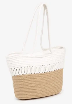 Biało-Beżowa Plażowa Torebka Shopper z Bawełny Ozdobiona Paskami Liravela