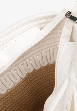 Biało-Beżowa Plażowa Torebka Shopper z Bawełny Ozdobiona Paskami Liravela