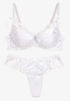 Biały Komplet Bielizny Koronkowej Biustonosz i Stringi z Kokardkami Naselle
