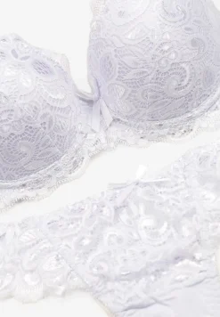 Biały Komplet Bielizny Koronkowej Biustonosz i Stringi z Kokardkami Naselle