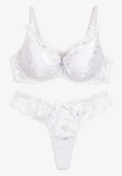 Biały Komplet Bielizny z Koronką i Kokardkami Biustonosz i Stringi Nasorinne