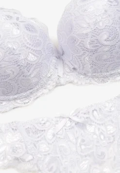 Biały Komplet Bielizny z Koronką i Kokardkami Biustonosz i Stringi Nasorinne