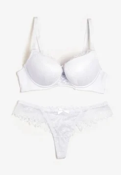 Biały Komplet Biustonosz Push Up i Majtki Ozdobione Romantyczną Koronką Zeril