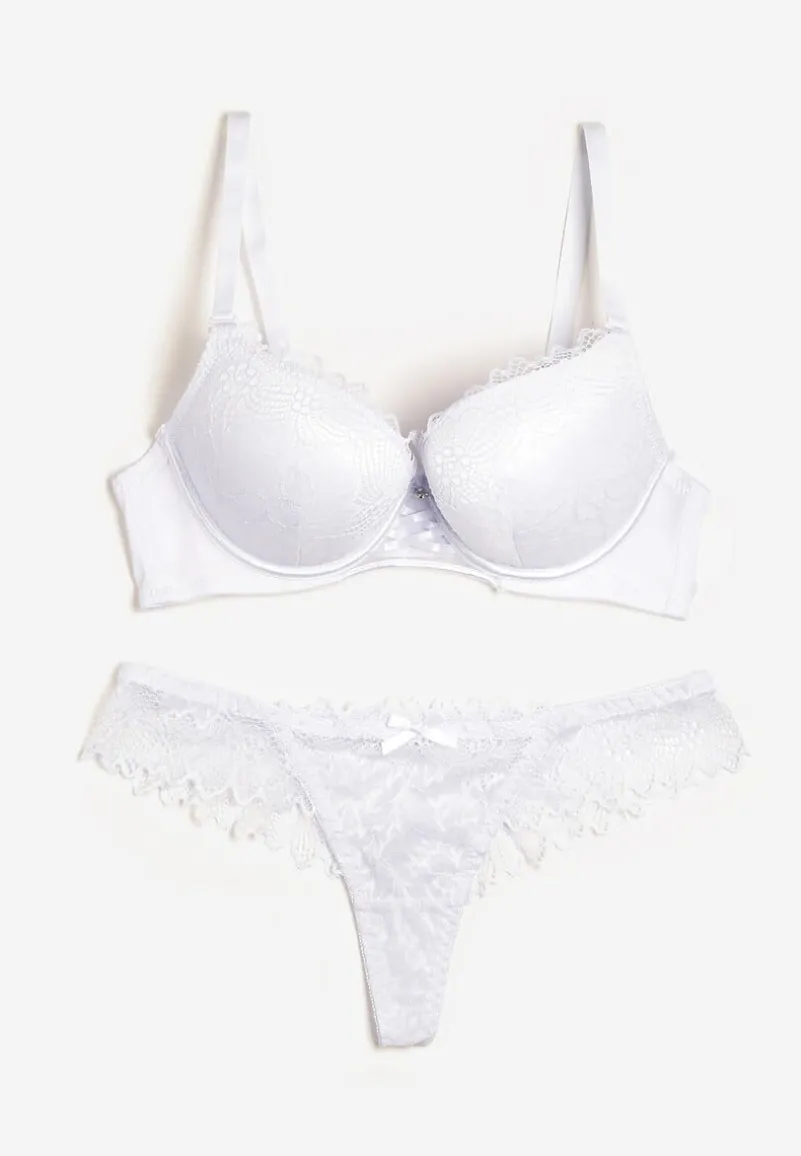 Biały Komplet Biustonosz Push Up i Majtki Ozdobione Romantyczną Koronką Zeril