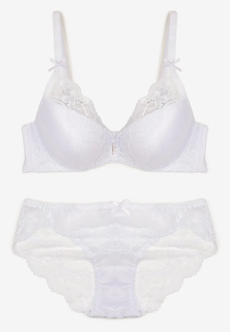 Biały Komplet Koronkowy z Kokardkami Majtki typu Figi i Biustonosz Full Cup Iriniues