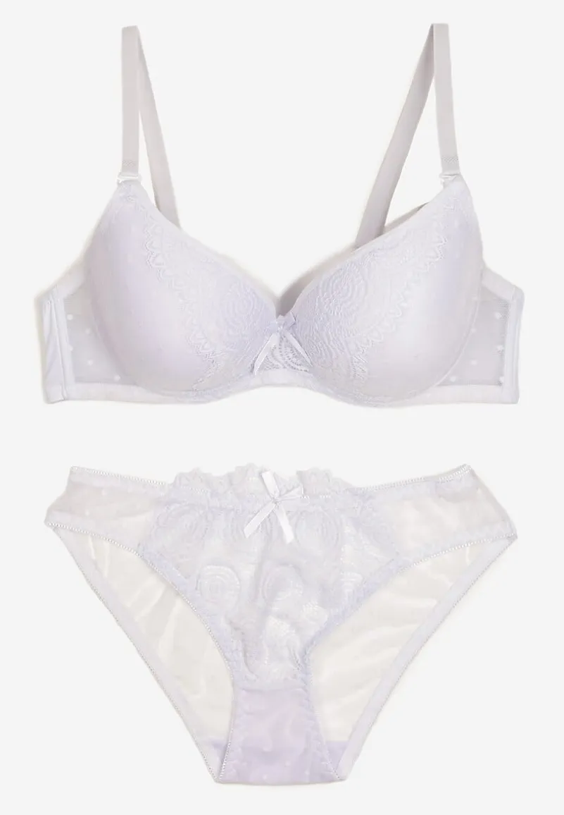 Biały Komplet z Koronką Figi i Usztywniany Biustonosz z Kokardami Iridorea