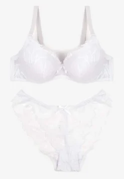 Biały Komplet z Koronki Majtki Ozdobione Kokardą Biustonosz na Regulowanych Ramiączkach Arfiana