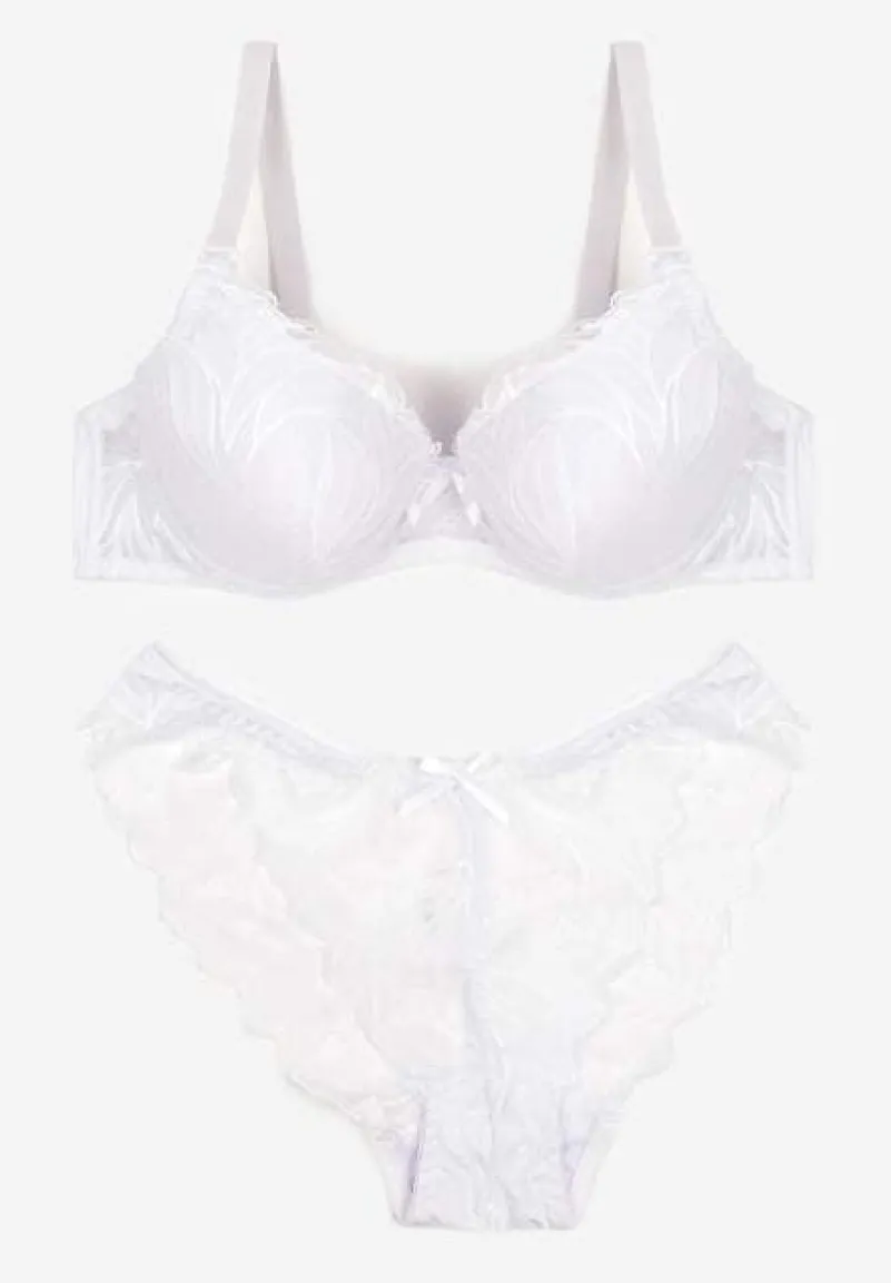 Biały Komplet z Koronki Majtki Ozdobione Kokardą Biustonosz na Regulowanych Ramiączkach Arfiana