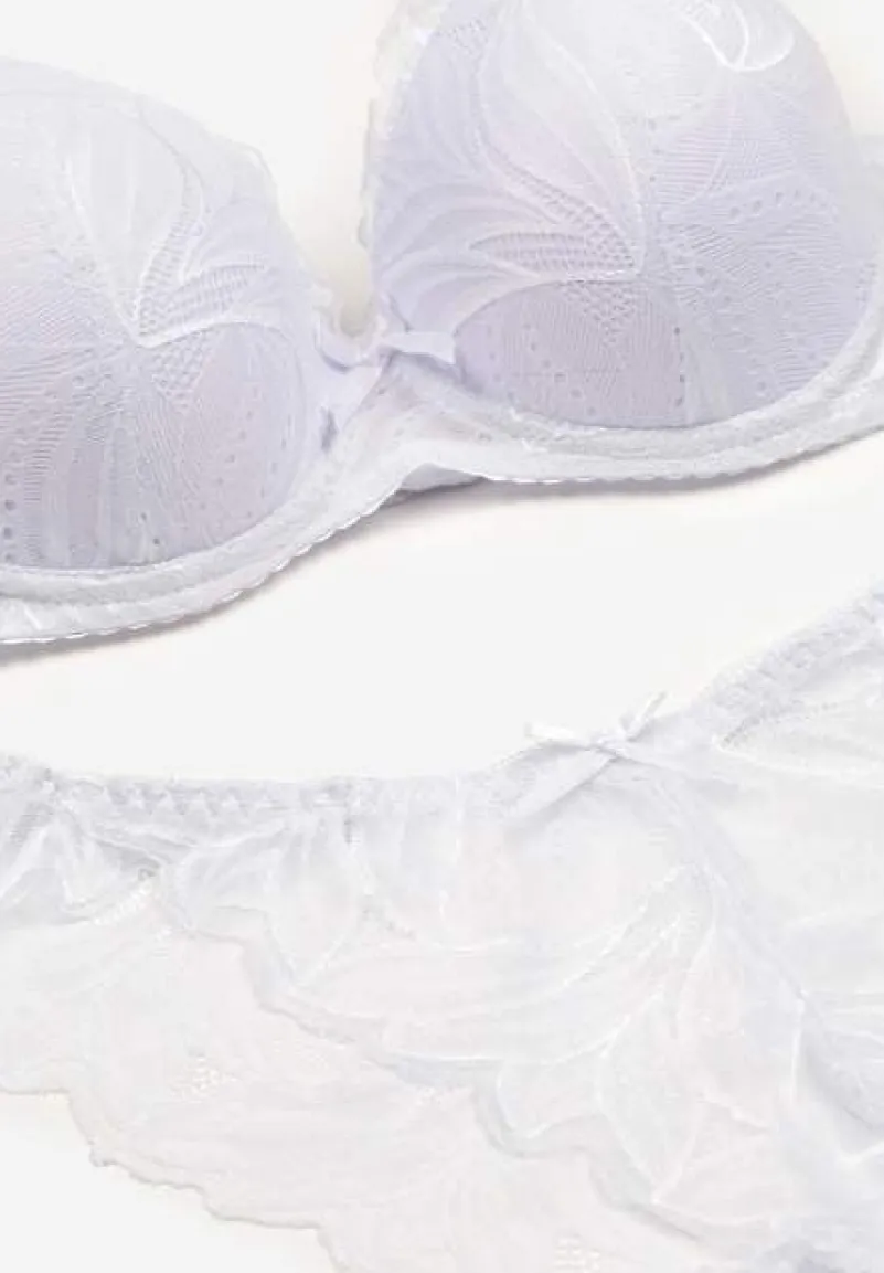 Biały Komplet z Koronki Majtki Ozdobione Kokardą Biustonosz na Regulowanych Ramiączkach Arfiana