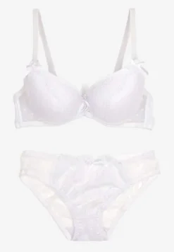 Biały Komplet z Koronki Majtki Typu Figi i Biustonosz z Kokardami i Usztywnieniem Arrbelia