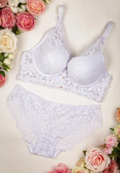 Biały Koronkowy Komplet Bielizny 2-Częściowy Majtki Figi i Biustonosz Push-Up Savilo