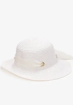 Biały Pleciony Kapelusz z Kokardką i Szerokim Rondem Maronia